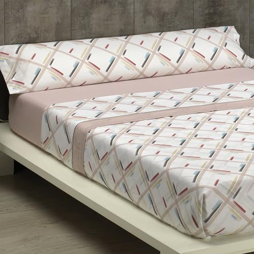 Sábanas 135x190/200 - Juego Sábanas 3 Piezas Estampadas (Encimera, Bajera Ajustable y Funda Almohada) - 100% Microfibra Suave y Transpirable - Conjunto Ropa de Cama Moderno (Ingrid Visón)