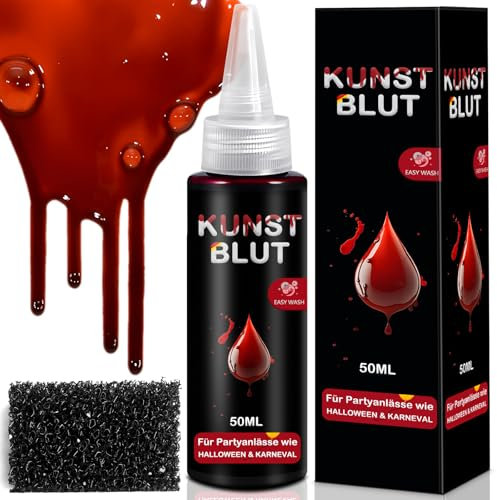 Kunstblut Halloween 50 ml 2er Set, Halloween Schminke Fake Blood +1 Grober Schwamm, Fake Blut Realistisch, Abwaschbar und Sicher für SFX Make up, Theaterschminke, Zombies, Vampire, Cosplay