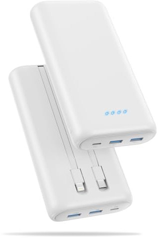 Ekrist Batterie Externe 26800mAh avec 2 Câble Intégré, PD 25W QC 4.0 Charge Rapide Batterie Portable USB C Entrée & Sortie Power Bank avec 5 Sorties 2 Entrées Compatible avec iPhone Samsung iPad-Blanc