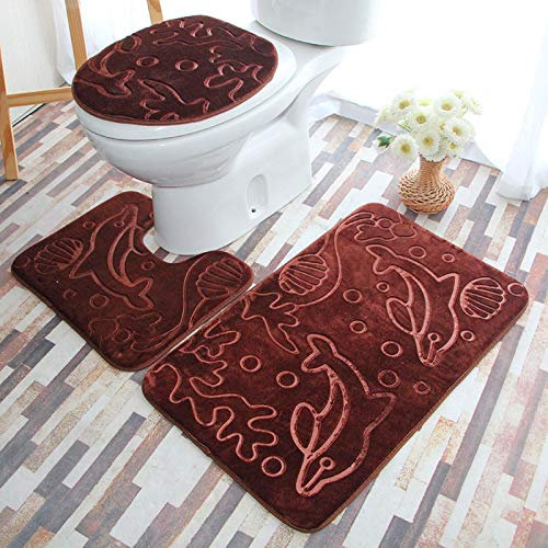 Bad Teppiche Set Brauner Delfin Badezimmerteppich Waschbar WC Vorleger mit Ausschnitt und WC Deckelbezug 3 Teilig Badematte rutschfest Toilettensitzbezug Badgarnitur 50x80 cm