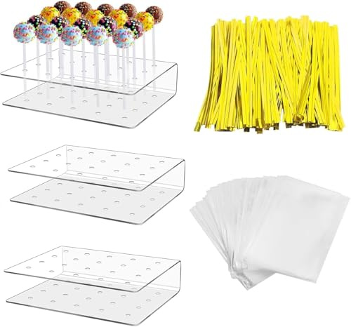 Prebarfun 3 Stück Cake Pop Ständer mit 100 Cake Pops Stiele, 20 Löcher Lolli Ständer, Cake Pop Halter mit Cellophantüten,Lutscher Sticks,Metallic Twist Krawatten für Weihnachten Hochzeiten Geburtstags