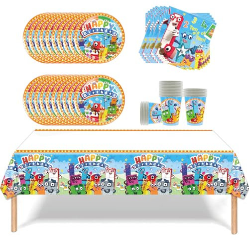 Fuwraixis 61 Piezas de Vajilla para Fiestas de Bloques de Números Servilletas manteles platos de papel vasos de papel Vajilla para Cumpleaños Infantil 20 personas