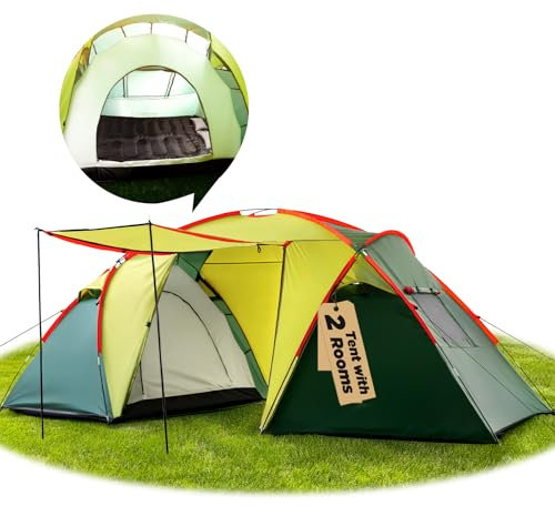 MEREZA 4 Man 2 Room Tent Waterproof, Large Family Camping Tunnel Tent With Awning and Living Area at Standing Height for Camping Outdoor, Hiking, Festivals