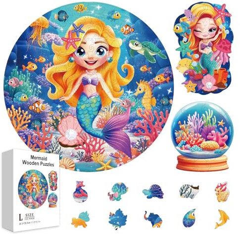 GLOBLELAND Holzpuzzle Erwachsene 200 Teile Holzpuzzles Cartoon Meerjungfrau Wooden Puzzle Unregelmäßige Einzigartige Puzzle für Erwachsene Kreatives Weihnachten 11.22x15.16 Zoll
