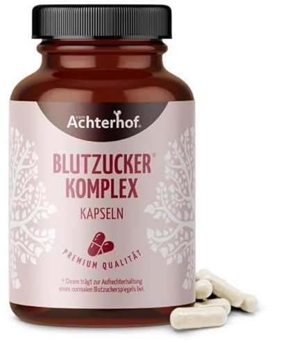 Blutzucker Komplex Kapseln (120 Kapseln) | mit Zink, Vitamin B6, Chrom und Pflanzenextrakten aus Ceylon Zimt, Olivenblatt und Kurkuma | für 120 Tage | vom Achterhof