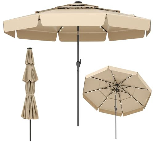 RELAX4LIFE Parasol Droit Inclinable avec LED Solaire | Parasol de Jardin Extéieur 3M LED | Toit Ventilé à 3 Couches | Inclinaison 35° | Manivelle | 8 Baleines | Balcon Terrasse (Beige-Volants)