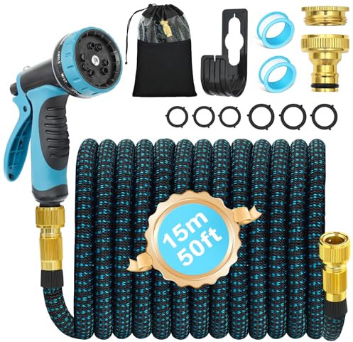 Zepphi Flexibler Gartenschlauch 15 m mit 10-Funktionen Schlauchdüse, dehnbarer flexiSchlauch, Vollmessing Adapter 1/2' 3/4' Zoll, Wandhalterung Tasche, für den Außenbereich, Blau