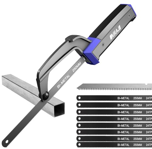 AIRAJ Mini Metallsäge,Kompakte Eisensäge,mit 9 HSS Flexible Bimetall-Sägeblätter und 1 Holzsägeblatt,zum Präzisionsschneiden von Metall, Holz und PVC Verwendet,Weicher Gummigriff,Kleine Metallsäge