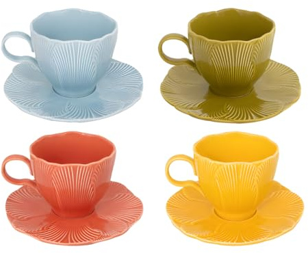 Teacup & Saucer Set of 4 Colourful Ceramic Teacups with Matching Petal-Shaped Saucers – Textured Leaf Design in Blue, Green, Red & Yellow Pastels – Tea Cup Set for Home Afternoon Tea Gift Mugs