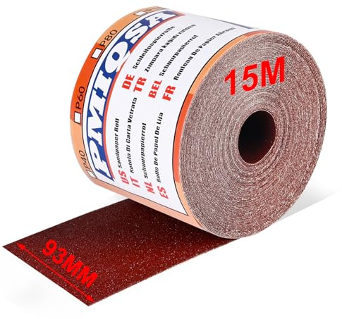 PMIQSA Rouleau de Papier Abrasif 15 m x 93 mm Oxyde D’Aluminium Grain 120 | Papier de Verre en Toile émeri à Base de Tissu pour Le Bois, Le MéTal, La Peinture pour Ponceuses Vibrantes et Manuelles