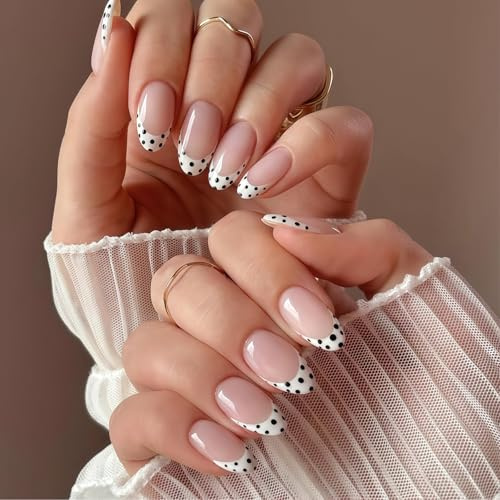 Zimocepuz French Medium Almond-shaped Press On Nails, 24 Pieces Milk Dots Spring and Summer Press On Nails, Women's Everyday Wear, Naturally Reusable
