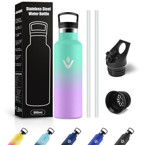 Botella Agua Acero Inoxidable 500ml, Cantimplora con Pajita, sin BPA, a Prueba de Fugas, Reutilizable para Oficina, Camping