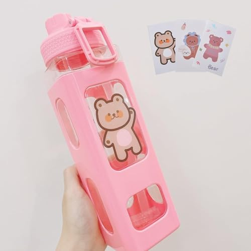 EZECART Water Bottle With Straw & Sticker,Kawaii Bear Water Bottle,Large Sport Plastic Portable Square Drinking Bottle For Girl,Cute Juice Tea Water Cups 700ml - Pink (pack of-1)