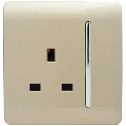 Trendi 1 Gang Raised Artistic Modern Glossy Screwless 13 Amp Single Pole with Chrome Switched UK Standard Electrical Double Wall Plug Socket in Champagne Gold - ART-SKT13GO