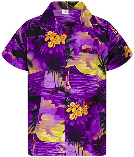 King Kameha Men's Surf-Shirt Short-Sleeve Casual-Button-Down Hawaii-Vacation, Surf, Purple, XS