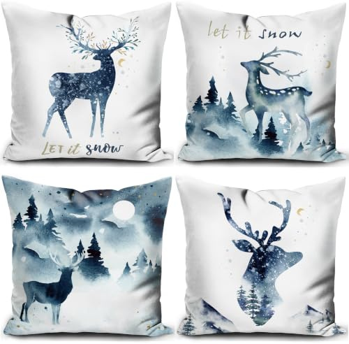 KUNQIAN Christmas Cushion Covers Xmas Decorations Stag Navy Blue White Throw Pillow Cover 18x18 Inch Set of 4 Decor For Sofa Living Room Home 45x45cm