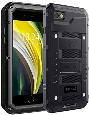 Beeasy Case for iPhone SE 2022/SE 2020 Shockproof Waterproof Built-in Screen Protector,Metal Cover Tough Heavy Duty Military Protective, Full Body Drop Proof Bumper for Outdoor Sport,Black