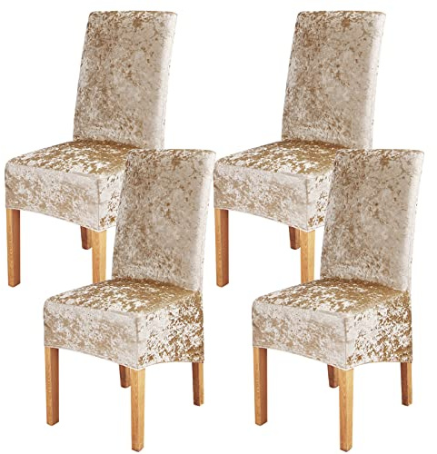Crushed Velvet Large Size Dining Chair Covers Set of 4,Dining Room Chair Slipcovers,Stretch Elastic Removable Washable High Back Chair Covers for Dining Room,Hotel,Kitchen,Home(Champagne,Pack of 4)