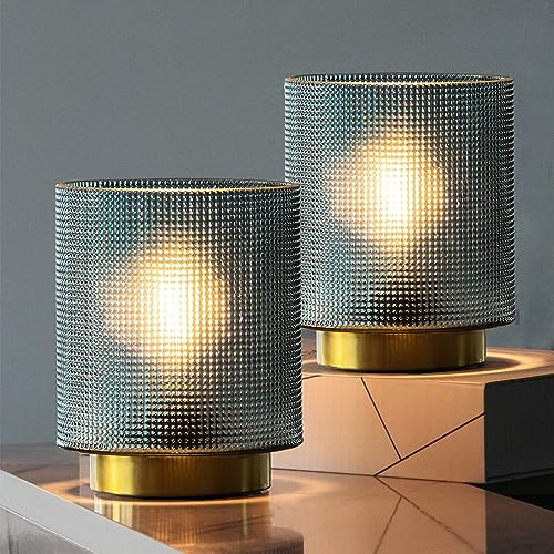 MJ PREMIER Battery Operated Lamp with Timer, Small Cordless Table Lamp for Bedroom, Glass Battery Powered Accent Lamps for Living Room Bedside Nightstand Home Decor Set of 2 (Blue)