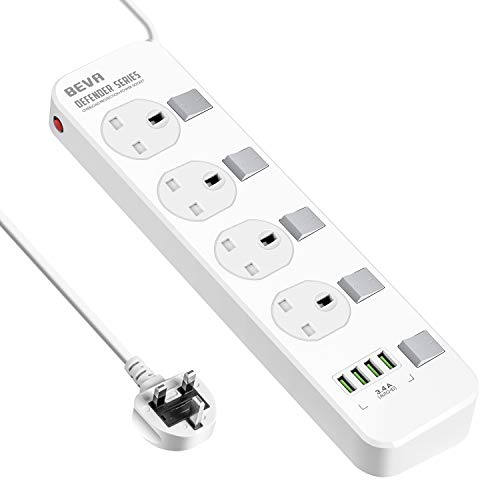 Extension Lead with USB Ports, BEVA 4 Way Outlets 4 USB slots Surge Protection Power Strips with Individual Switches UK Power Strip with 3M Extension Cord for Home, Office, Hotel, Dorm - White…