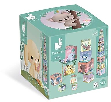 Janod - Quadratische Pyramide - Niedliche Tiere - Baby- und Kleinkindspielzeug - Spielzeug zum Stapeln und Stecken - Erlernen der Größen- und Zahlenbegriffe - Ab 1 Jahr, J02652
