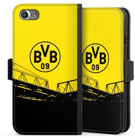 Klapphülle kompatibel mit Apple iPhone SE 2022 Handyhülle aus Kunst Leder schwarz Flip Case Borussia Dortmund BVB Fanartikel