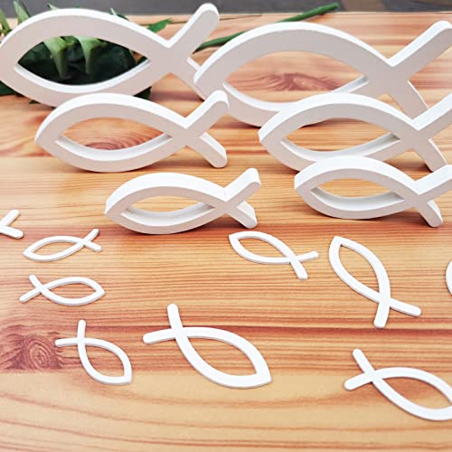 42 Stück Weiß Holzfische Deko Set, 6 Extra Große Deko Fisch und 36 Streudeko Fische für Kommunion Konfirmation Deko Mädchen Junge Taufe Tischdeko