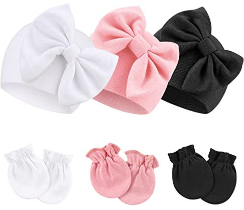 DRESHOW Bonnets de Naissance et Moufles de Protection Bébé Gants Bonnet Nouveau-né Bambin Doux Mignon Tricoté Chapeau 0-6 Mois, 3 sets: Bow hats & mittens Set78-03UK