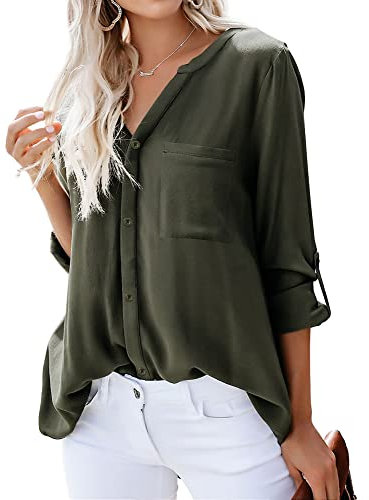 Dordanity Damen Bluse Elegant V-Ausschnitt Hemd Langarm Casual Arbeit Einfarbig Button Down Lose Langarmshirt Oberteile Tops (Small,Armeegrün)