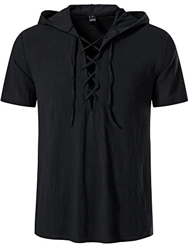 Mens Hooded Lace up Shirts Summer Regular Fit Short Sleeve Hoodies Smart Casual Lightweight Cotton Beach Hood T Shirt Tops-Black-M