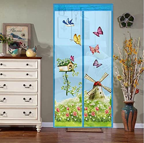 Magnetic Fly Screens Automatically Mosquito Mesh Curtain for Doors Keep Insects Out Mosquito Door Screen Without Drilling (Blue Windmill)