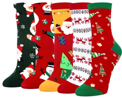 Chalier Cozy 5 Paar Damen Socken Tiere Lustige Bunte Socken Baumwolle mit Süße Katze Socken Geschenk für Damen Einheitsgröße (CHRISTMAS1)