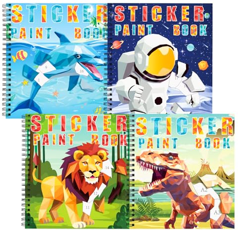TCJJ 4Pcs Dinosaur Stickerbüch für Kinder 4-10 Jahren, 40 Bilder Stickerbuch Mädchen nach Nummer, Kinder Stickerbücher zur Verbesserung der Intelligenz, für Weihnachtsgeschenke, Schule