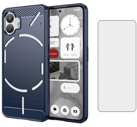 Asuwish Compatible with Nothing Phone 2 Two Case and Tempered Glass Screen Protector with Shockproof Slim Silicone Wireless Charging Carbon Fiber Phone Cover for Phone2 Women Men Blue