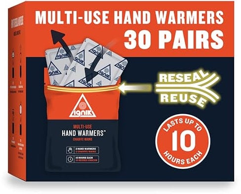 Ignik Resealable Multiple-Use Hand Warmers for 10 Hours of Heat Across 72 Hours, 30 Pairs