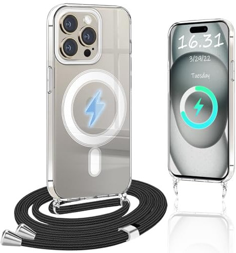 XCYYOO Magnétique Coque pour iPhone 15 Pro Max avec Cordon de Collier, [Compatible avec MagSafe] Transparent Réglable Portable Lanyard Necklace Case Silicone PC Antichoc Housse iPhone 15 Pro Max,Noir