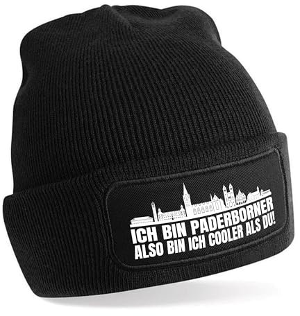 Beanie Strickmütze mit Spruch | Ich bin Paderborner also bin ich cooler als du! | schwarz | weiche und warme Fußball Mütze für Paderborn Fan | Skyline | SoftTouch Einheitsgröße für Erwachsene