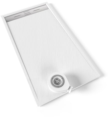 MOMENTS OF GLASS Plato de ducha Hiemal 150x80 cm Blanco RAL9016 - Antideslizante, Textura Pizarra, Resistente, Duradero, Fácil Limpiar - Incluye Sifón y Rejilla Inox
