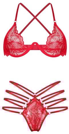 Satohom Women's Lace Lingerie Set Sexy Underwear 2 Pieces Set with Underwire Push up Bra Half Cup High Waisted Thong Set for Women Ladies Naughty See Through Nightwear Teddy Babydoll Red/Black S-XL