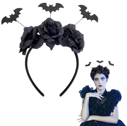 1 Fledermaus Ohren Haarrif, Schwarze Bat Kopfschmuck Mit Blumen für Partyversorgungen Halloween -Kleidungsrolle -Spielen Von Stirnband Accessoires Dekorationsfeiern, Geeignet Für Frauen und MäNner
