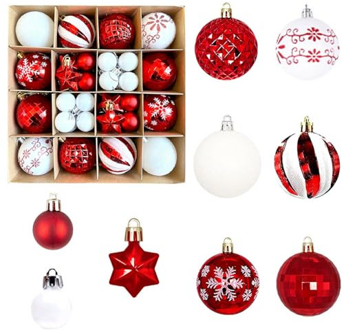 44 Stück Weihnachtskugel, Weihnachtskugeln Kunststoff Christbaumkugel Weihnachtsbaumkugel Weihnachtsbaumschmuck Weihnachtsbaum Bälle Christbaumschmuck Weihnachts Deko (rot&weiß)