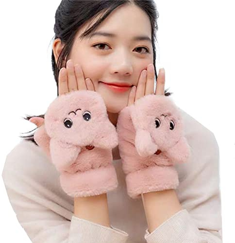 SJTJSPX Halbfinger Handschuhe Damen Plüsch Handschuhe Studentin Erwachsene Teenager Cartoon Katze Fäustlinge Winter Warme Fingerlose Flip Top Halbfingerhandschuhe Für Ski Radfahren Laufen