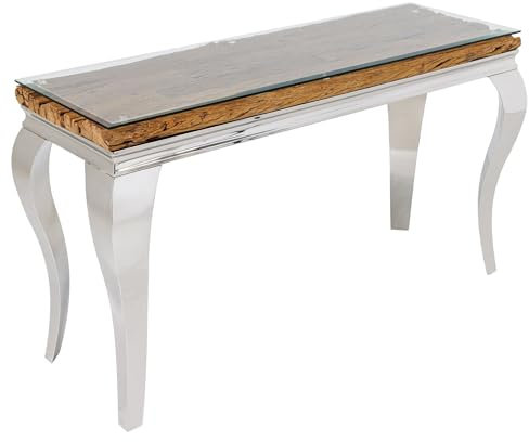 Riess Ambiente Design Konsolentisch MODERN BAROCK 140cm Natur Chrom Teakholz Edelstahl Glasplatte