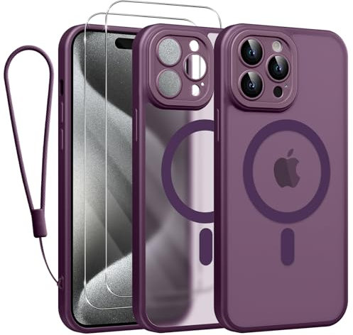 Phoona Cover Magnetica per iPhone 15 Pro 6,1 con Cordino e 2 Pellicole in Vetro Temperato, Compatibile con Magsafe, Custodia Traslucida Opaca Resistente Antiurto Sottile Protettiva Case, Viola