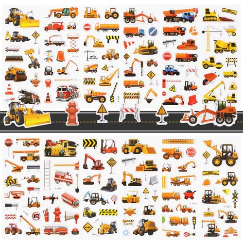 3D Kinder & Kleinkinder Aufkleber, 12 Blätter Auto Bagger Stickers für Mädchen Jungen, Geschwolle Fahrzeug Belohnungssticker für Mitgebsel Kindergeburtstag (17 * 7cm)
