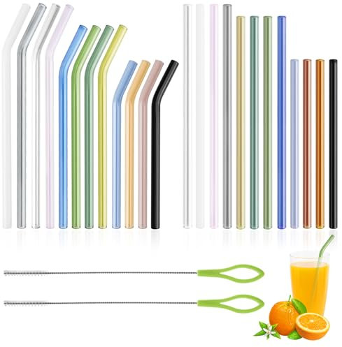 24 Pièces Paille en Verre Réutilisables, Coloré Paille Bubble Tea Pailles Verre avec 2 Brosses de Nettoyage, 12 Pailles en Verres Coudées et 12 Paill Verr Droites pour Smoothies Cocktails Jus