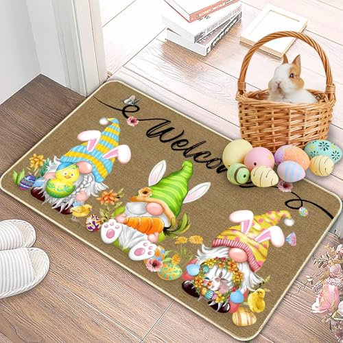 Shyllin Ostern Fußmatte, 40 x 60 cm Hasen Wichtel Willkommensmatte Ostern, Frühling Küche Bodenmatte Teppich rutschfest, Osterdeko Fußmatte, Schmutzfangmatte Waschbar für Innen Außen Dekor