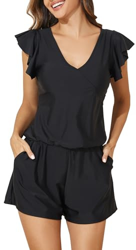 Smismivo Women Swim Romper with Built in Bra and Pockets Swimming Costume Modest One Piece Swimsuit