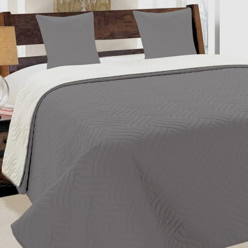 Euromat Tagesdecke Steppdecke Bettüberwurf Gesteppte Zweiseitig Tagesdecke mit 2 Kissenbezüge 40x40 cm- (Grau Ecru- 011, 220x240 cm)