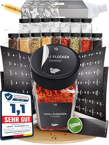 LAEVU Gewürzgläser Set Eckig | 24 Stk. 120ml - 10,7 x 4,5 cm | Gewürzstreuer Schwarz mit 350 Gewürzetiketten, 48 Streueinsätze und noch mehr | 24